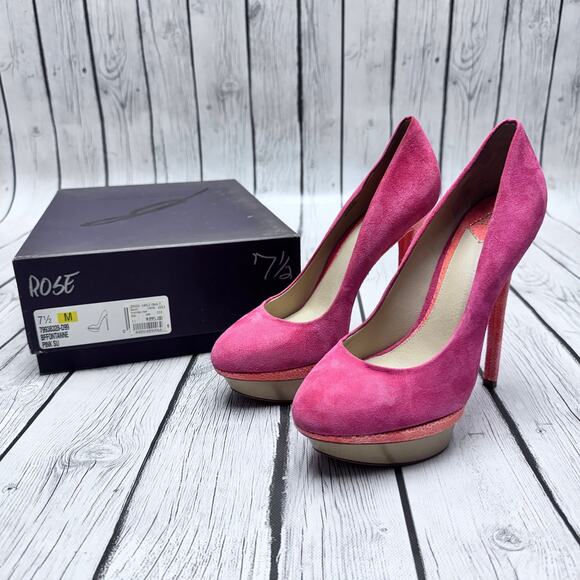 BRIAN ATWOOD Fontanne Suede Pink Orange Platform Stiletto Pumps Size  7 1/2 - Picture 1 of 12
